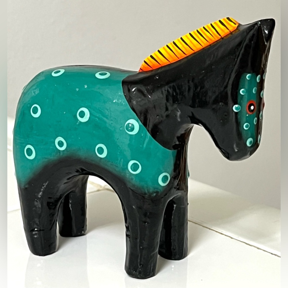 Robert Shields Single Horse Black Teal Yellow Figurine MCM Handpainted 4.5 in